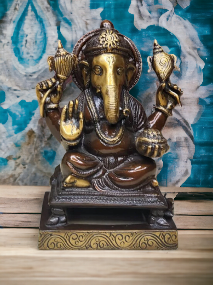 Tamas Brass Handcrafted Lord Ganesha Vinayaka Vighnaharta Statue / Idol with Antique Finish (4.5 x 5.5 x 9 Inches, Golden & Brown) (Pack of 1)
