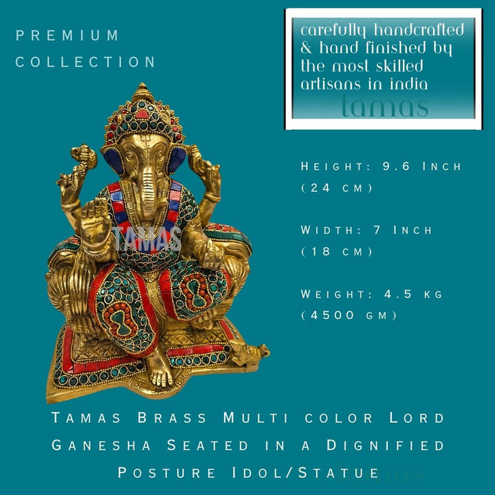 Tamas Brass Multi color Lord Ganesha Seated in a Dignified Posture Idol/Statue (9.6 Inch) (Multi color)
