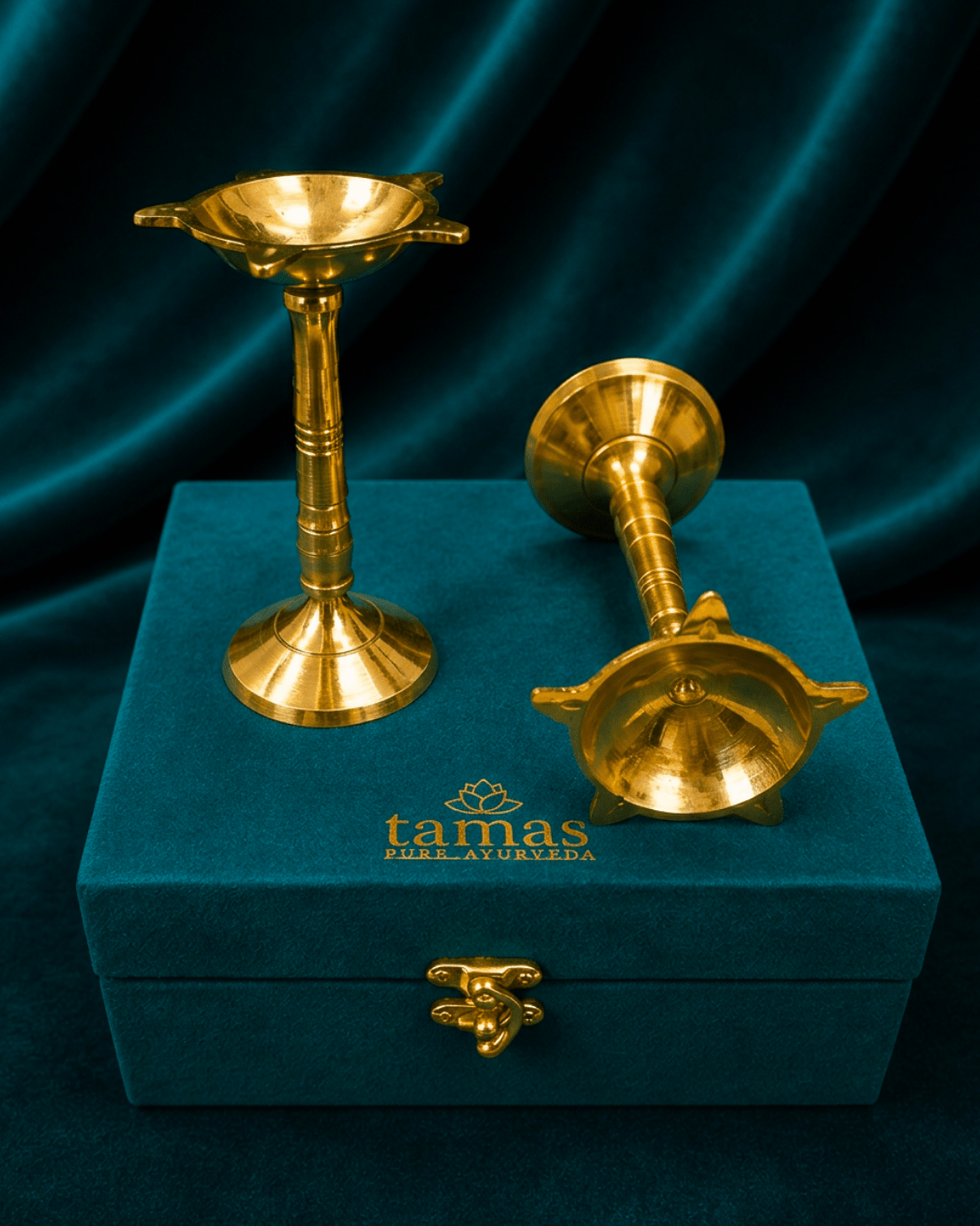 Tamas Small Brass Traditional Oil Lamp/ Pooja Lamps - Set of 2 (4 inches) Traditional Indian Oil Lamps for Pooja & Home Decor | Velvet Box | Festive & Wedding Gifting - Tamas Luxury Gifts