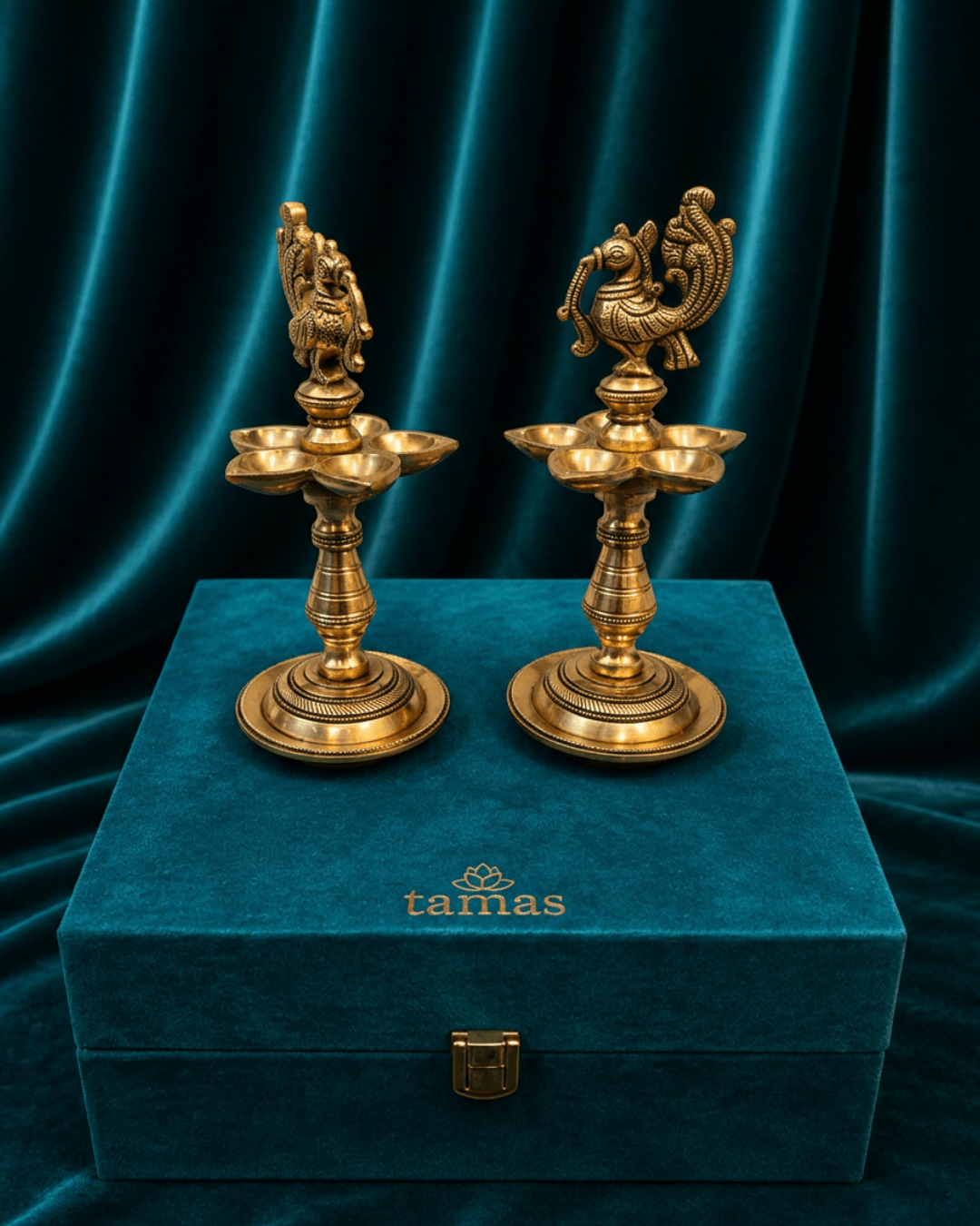 Tamas Brass Peacock Five-Lamp Diya/ Oil Lamps Set of 2 ( 8 inch) - Tamas Luxury Gifts