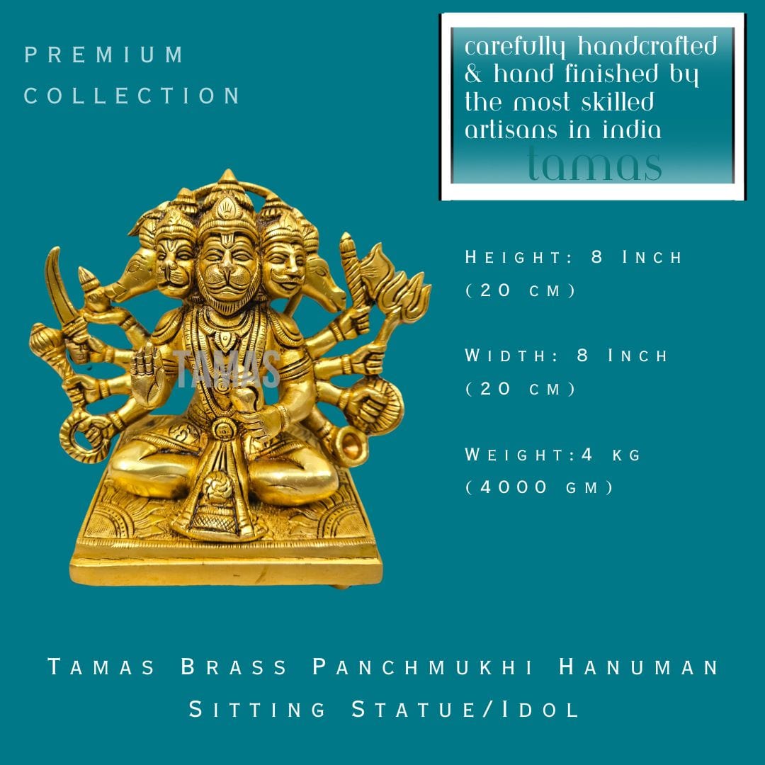 Tamas Brass Panchmukhi Hanuman Sitting Statue/Idol (8 Inch) (Golden) - Tamas: Luxury Indian Gifts