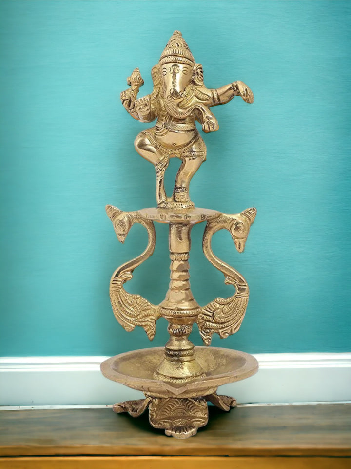 Tamas Brass Dancing Ganesha and Two Swan Oil Lamp Diya (Golden) Height: 9 inches