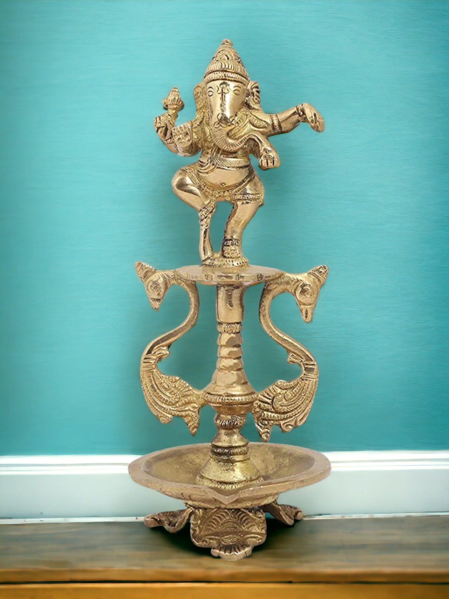 Brass Dancing Ganesha and Two Swan Oil Lamp Diya
