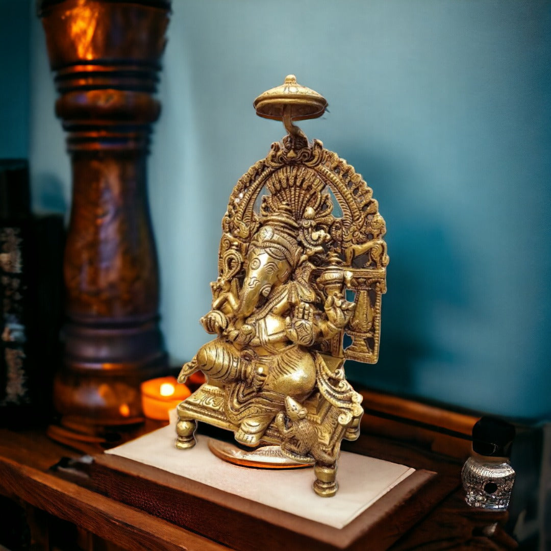 Tamas Lord Ganesh with Frame Brass Statue/Idol (Golden) (9 Inches) | Free Luxury Gift box