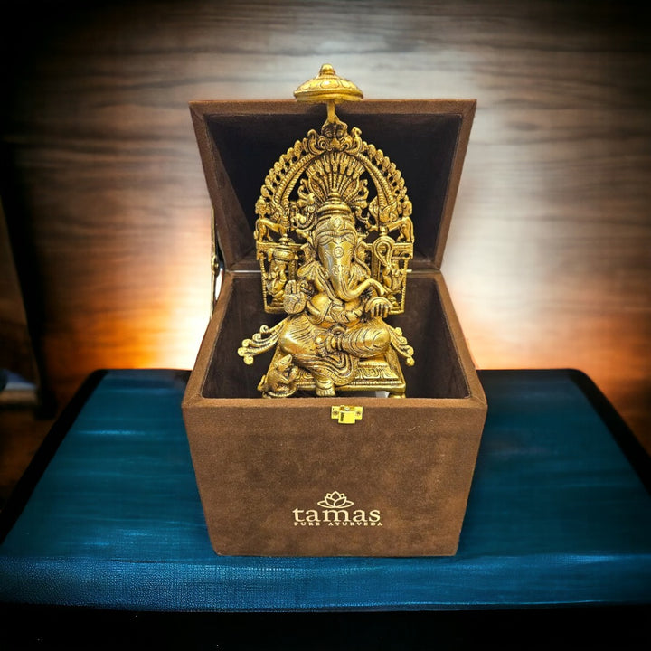 Tamas Lord Ganesh with Frame Brass Statue/Idol (Golden) (9 Inches) | Free Luxury Gift box