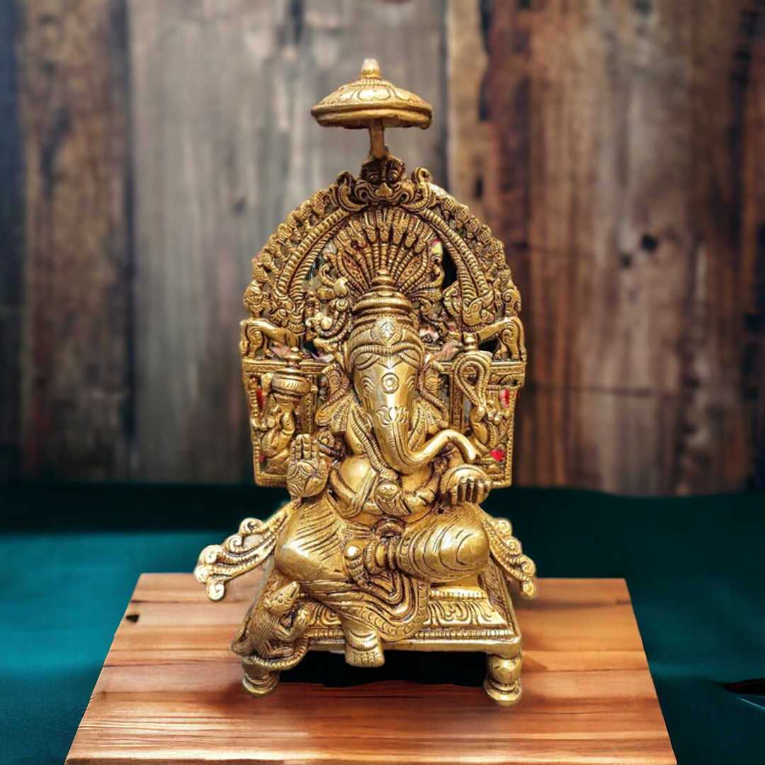 Tamas Lord Ganesh with Frame Brass Statue/Idol (Golden) (9 Inches) | Free Luxury Gift box