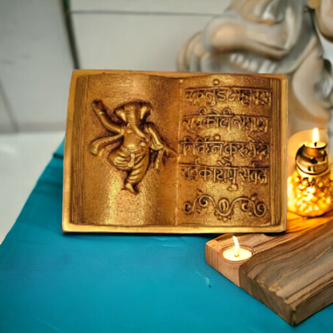 Tamas Brass Handcrafted Ganesh Mantra Book with Antique Finish (6 x 7 x 2 Inches, Golden) (Pack of 1)