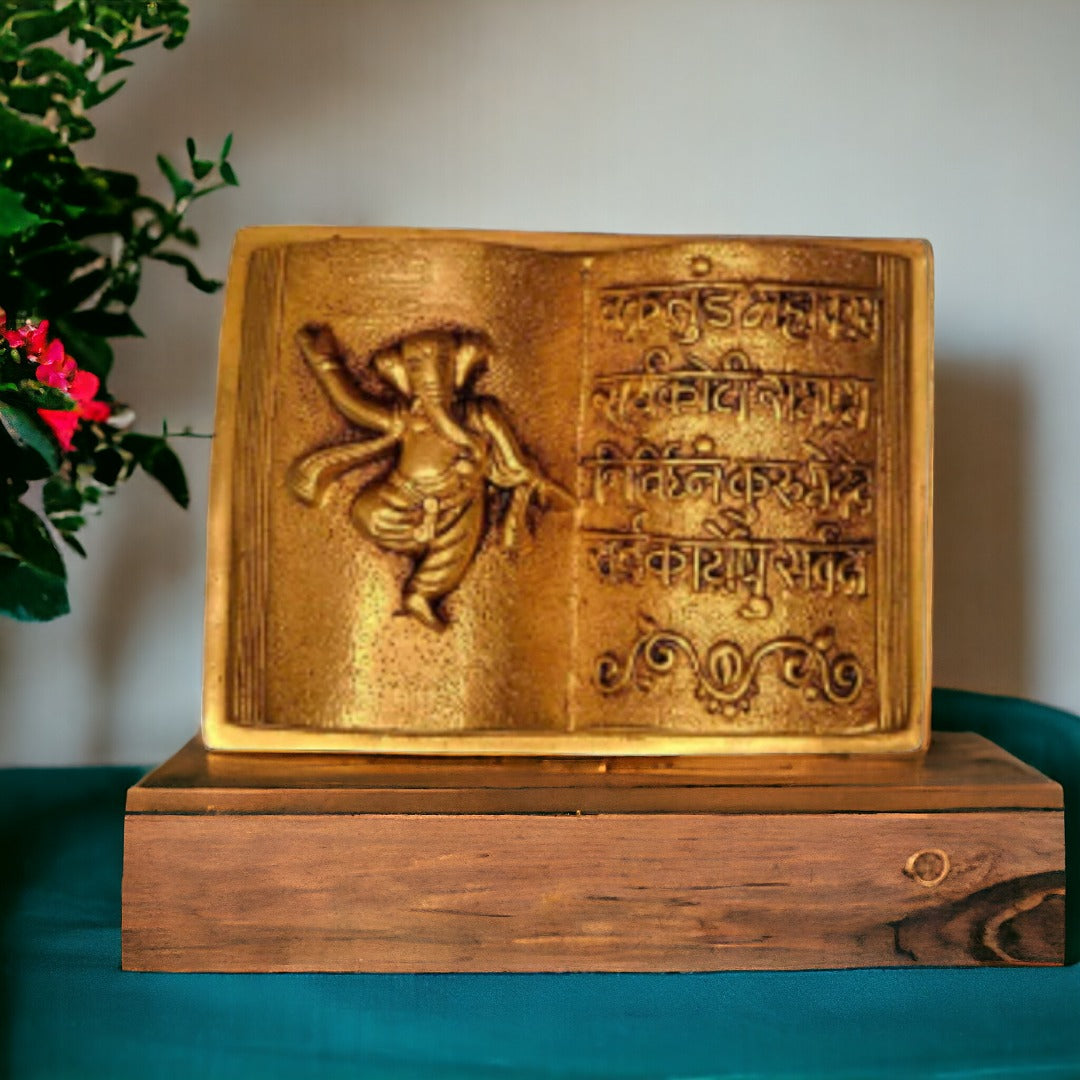 Tamas Brass Handcrafted Ganesh Mantra Book with Antique Finish (6 x 7 x 2 Inches, Golden) (Pack of 1)