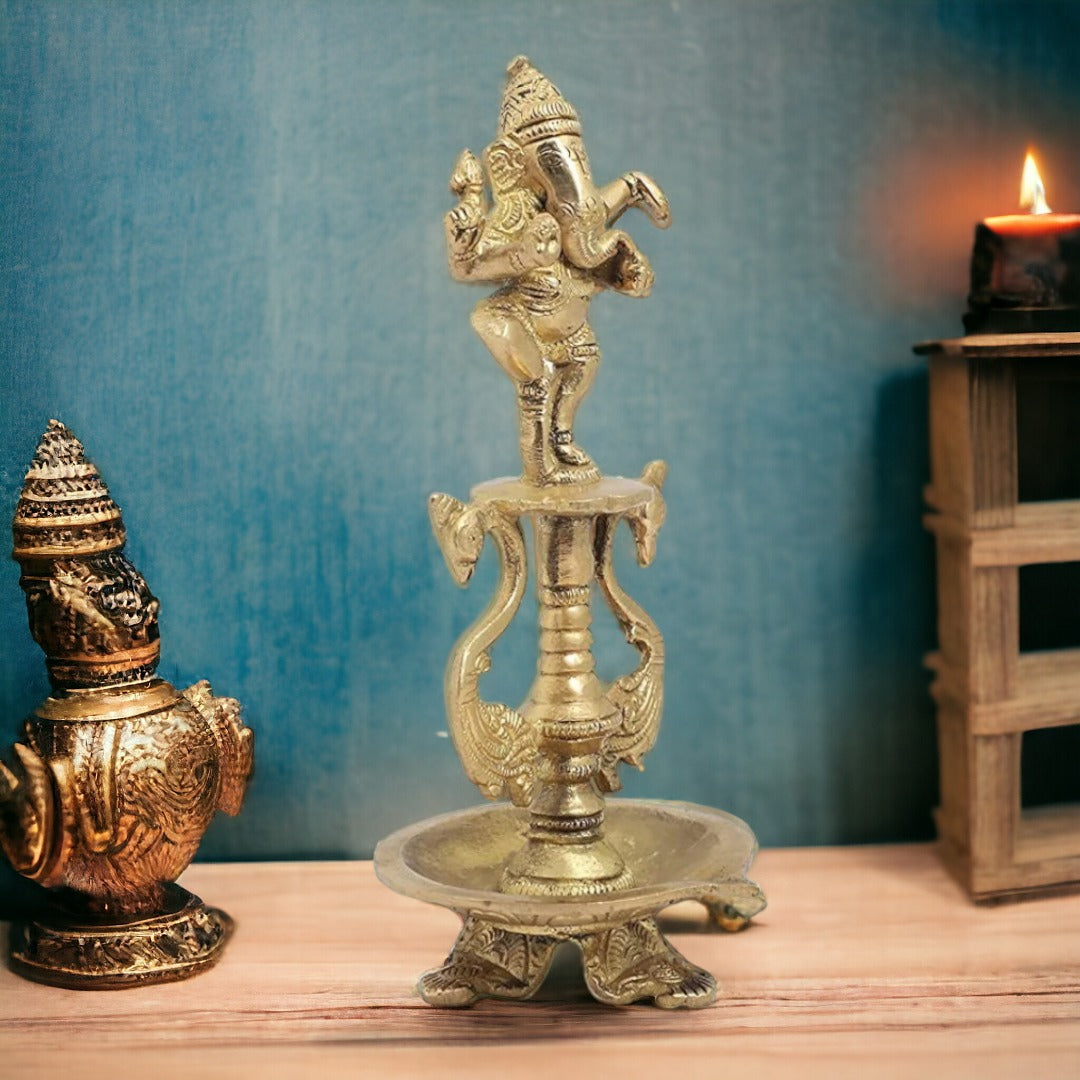 Tamas Brass Dancing Ganesha and Two Swan Oil Lamp Diya (Golden) Height: 9 inches