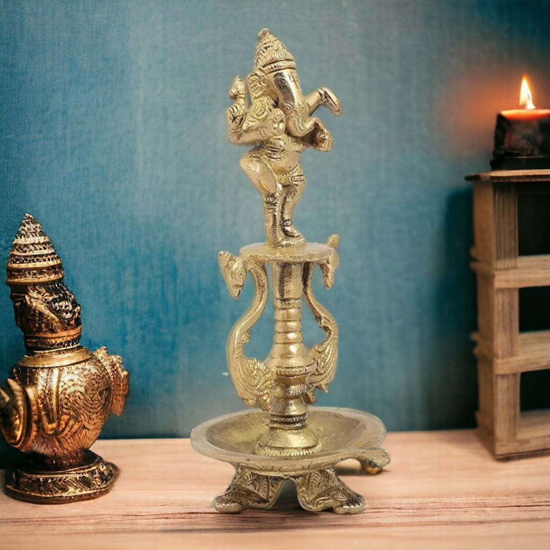 Brass Dancing Ganesha and Two Swan Oil Lamp Diya