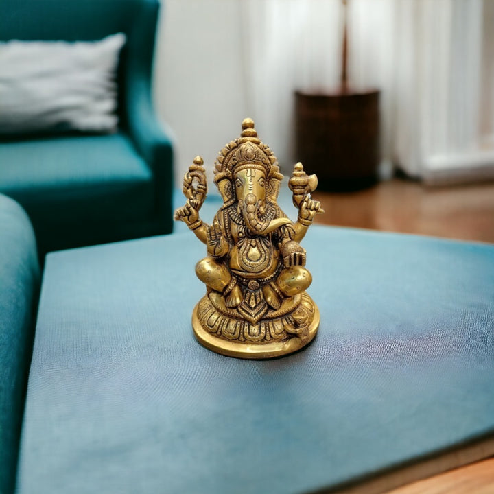 Tamas Lord Ganesh/Ganapati Brass Statue/Idol (Golden) (8 Inches)