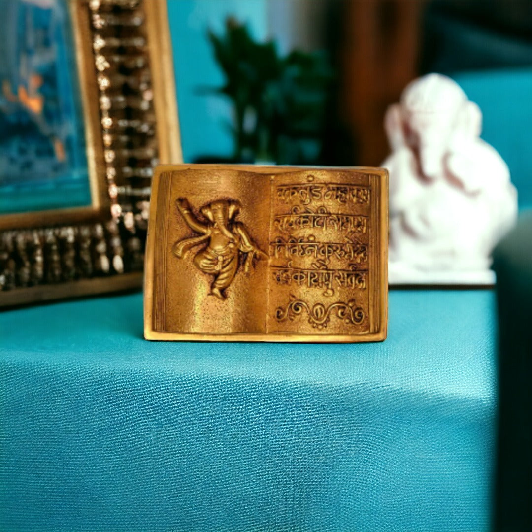 Tamas Brass Handcrafted Ganesh Mantra Book with Antique Finish (6 x 7 x 2 Inches, Golden) (Pack of 1)