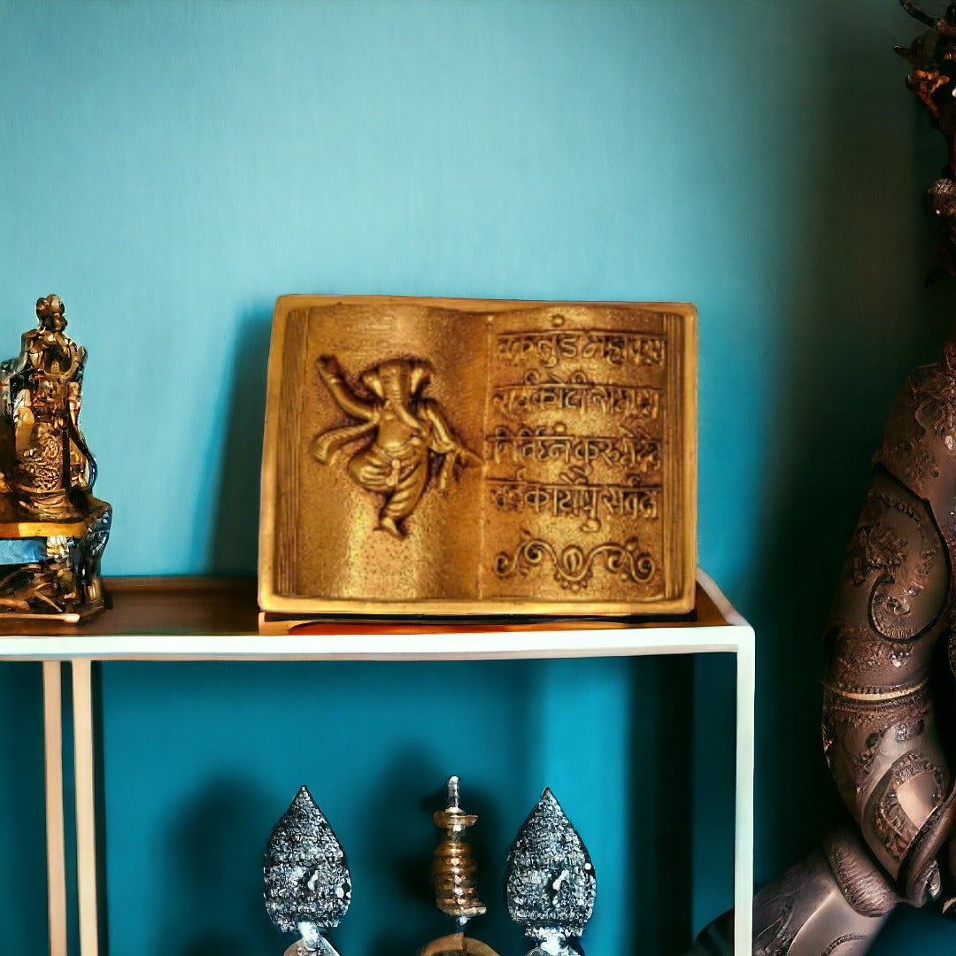 Tamas Brass Handcrafted Ganesh Mantra Book with Antique Finish (6 x 7 x 2 Inches, Golden) (Pack of 1)
