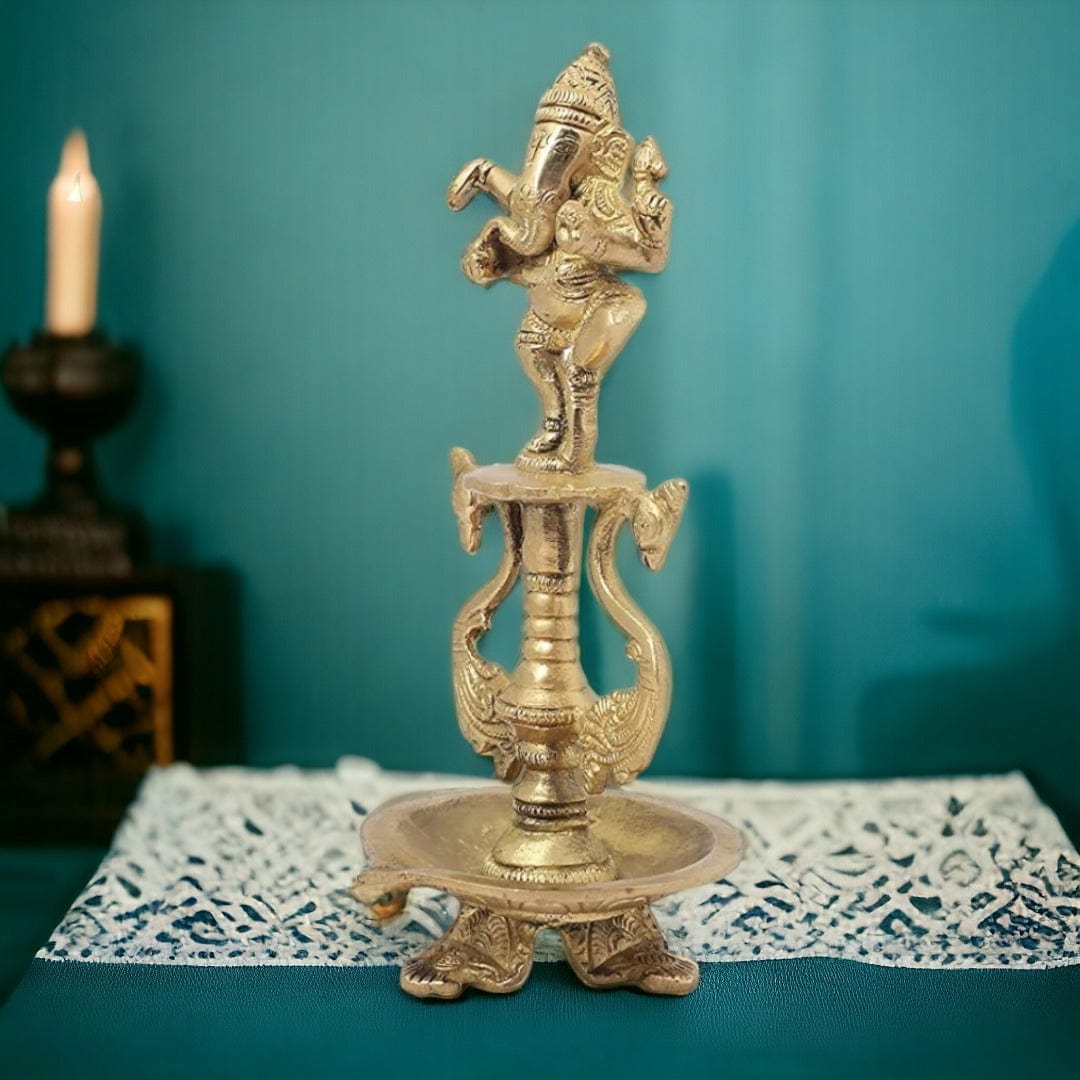 Brass Dancing Ganesha and Two Swan Oil Lamp Diya