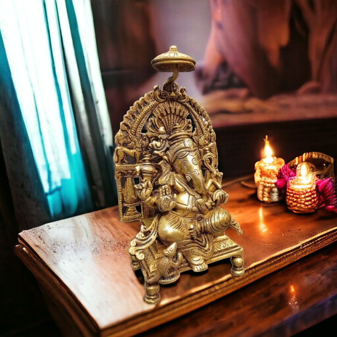 Tamas Lord Ganesh with Frame Brass Statue/Idol (Golden) (9 Inches) | Free Luxury Gift box
