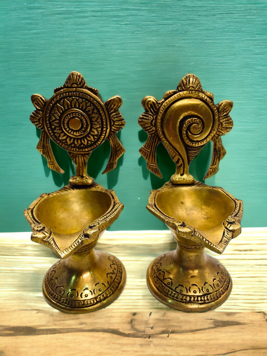 Tamas Brass Shankha Chakra Long Table Diya (Golden) (5.2 Inches)