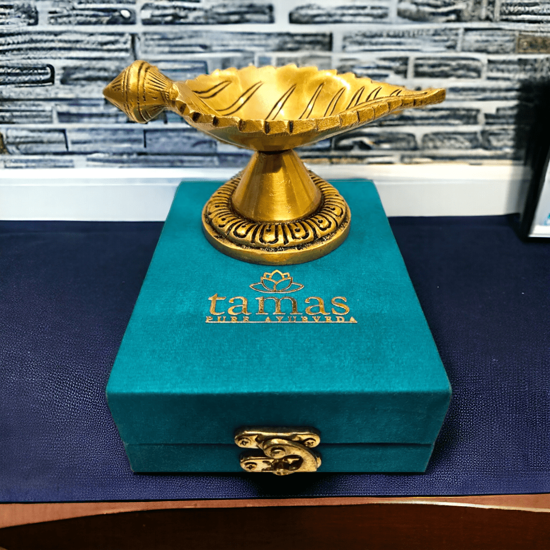 Tamas Brass Leaf Diya with Stand Ethnic Design Handmade (Golden) (2.2 Inches)| Free Luxury Gift box - Tamas: Luxury Indian Gifts
