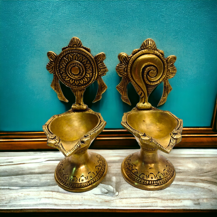 Tamas Brass Shankha Chakra Long Table Diya (Golden) (5.2 Inches)