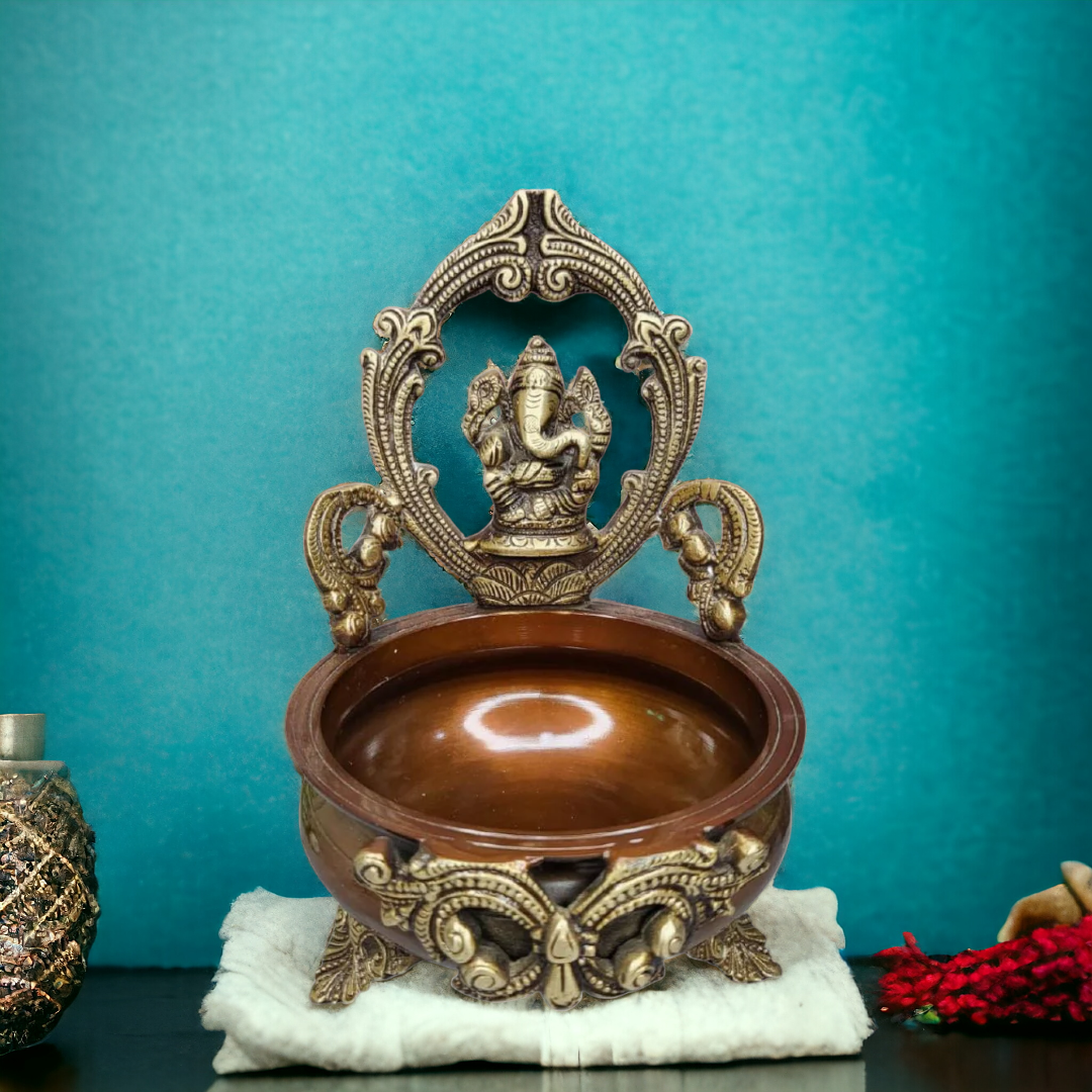Tamas Brass Handcrafted Ethnic Carved Ganesha Design Brass Decor Urli Bowl  (6 x 6 x9 Inches, Golden & Brown) (Pack of 1)