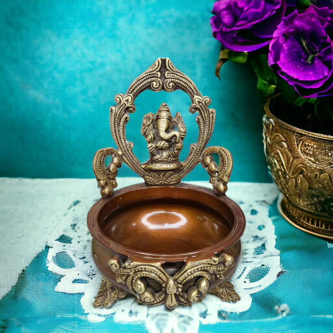 Tamas Brass Handcrafted Ethnic Carved Ganesha Design Brass Decor Urli Bowl  (6 x 6 x9 Inches, Golden & Brown) (Pack of 1)