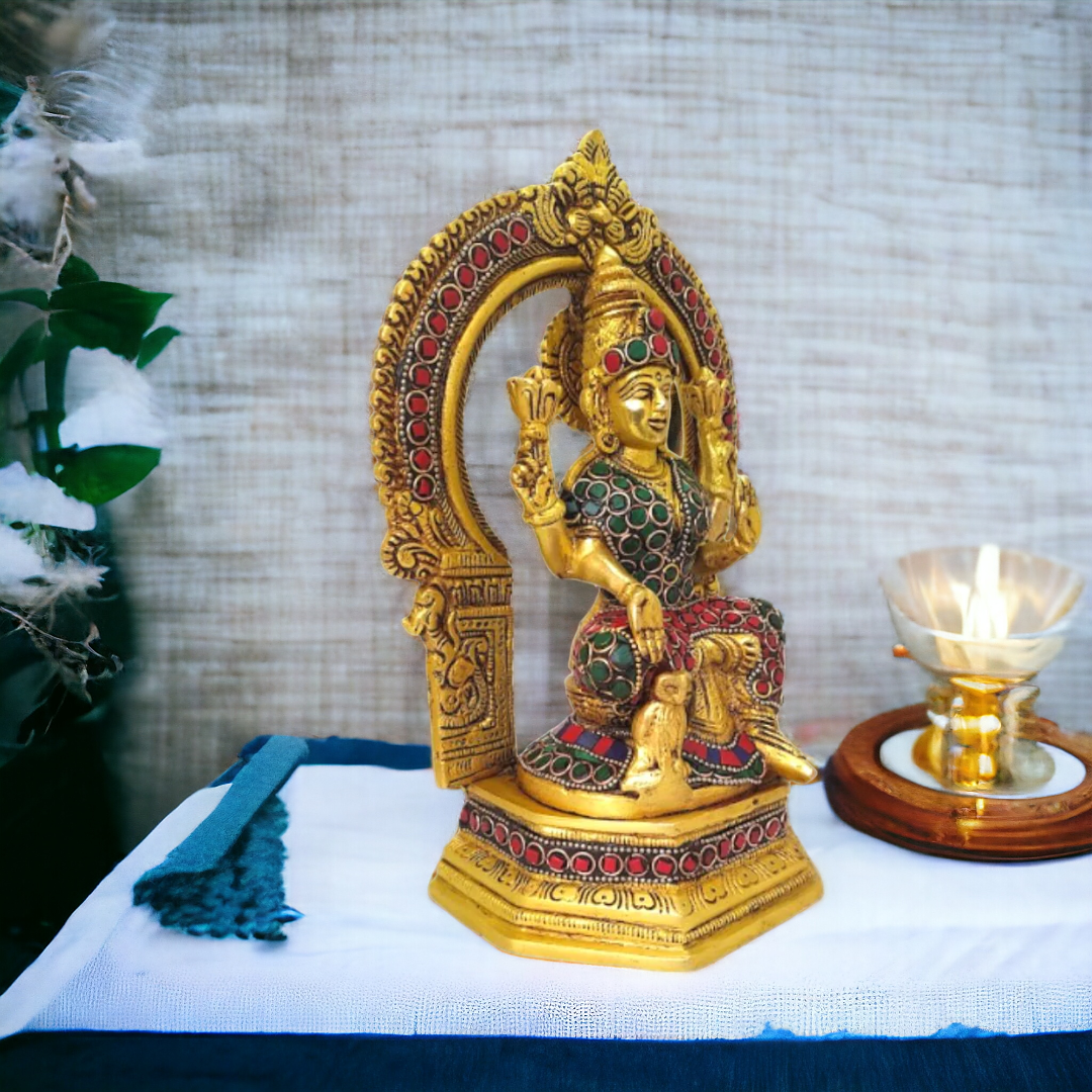 Tamas Brass Goddess Laxmi Sitting Posturel and Decorated with Multicolored Stone  (Multicolor) Height 9.6 inches