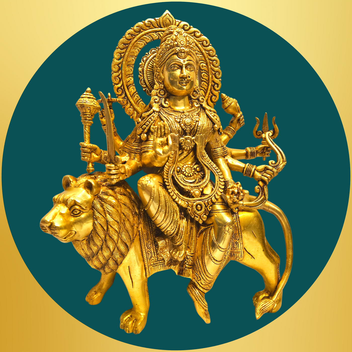 Brass Goddess Durga Maa with Lion Statue/Idol (Golden) (15 Inches)