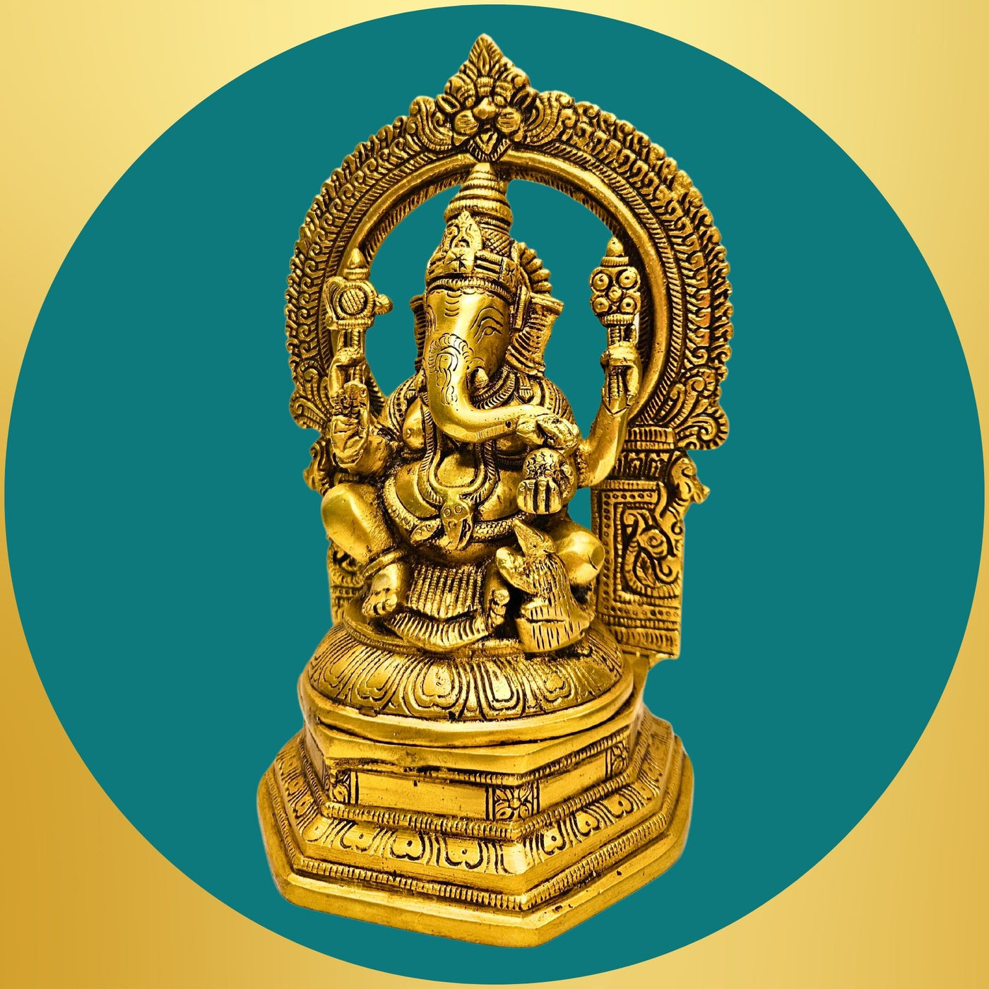 Tamas Brass Lord Ganesha with Aureole and Kirtimukha Statue/Idol (Golden)(9.5 Inches)