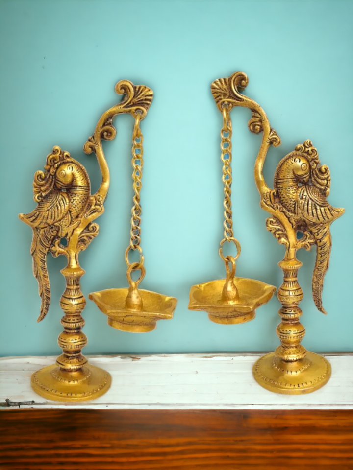 Tamas Brass Parrot Stand Hanging Diya (Golden) Height 8.6 inches