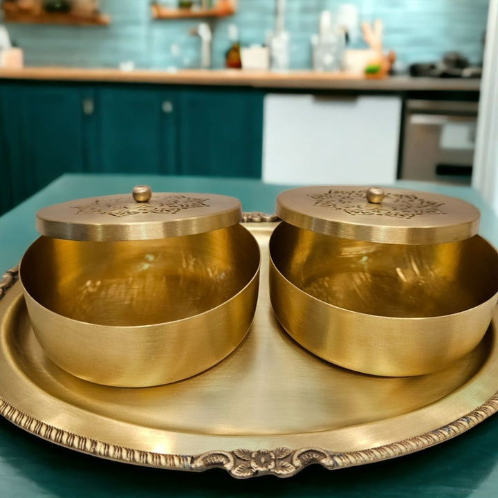 Tamas Brass Serving Tray and Bowls with Lid Set -3 Pcs | (2 Inch) (Golden)