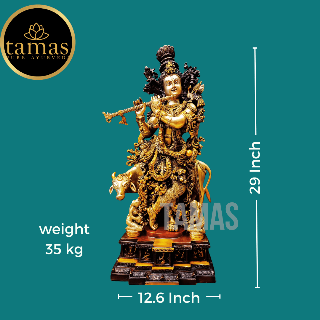 Brass Krishna Statue with cow