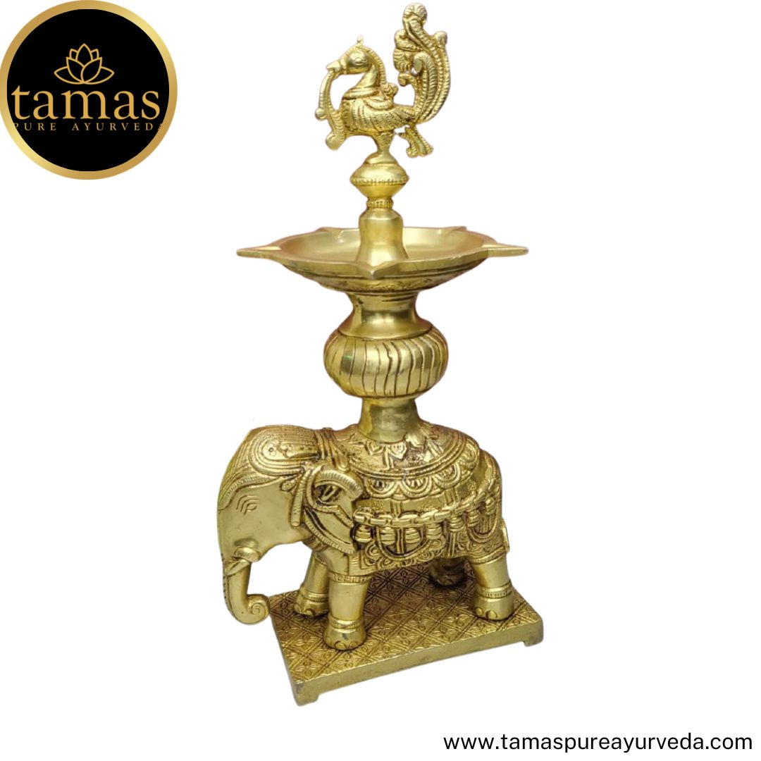 Tamas Brass Handcrafted Golden Decorative Elephant Brass Diya Stand  with Antique Finish (3 x 5 x12 Inches, Golden) (Pack of 1)
