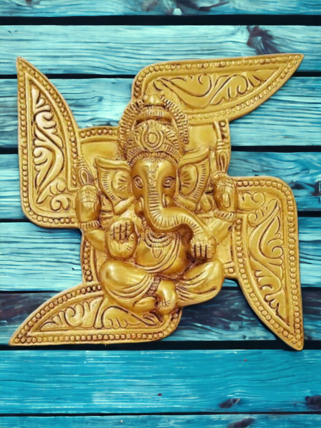 Tamas Brass Swastik Ganesha Wall Hanging (Golden) Height: 7 inches