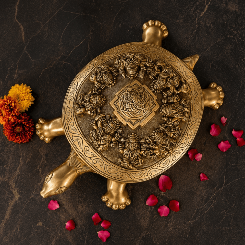 Tamas Brass Handcrafted Ashta Lakshmi Mata Figure with Meru Shree Yantram Situated Above The Vastu Feng Shui Tortoise Statue / Idol with Antique Finish (9 x 14 x 6 Inches, 8.3kg, Golden) (Pack of 1) - Tamas Luxury Gifts