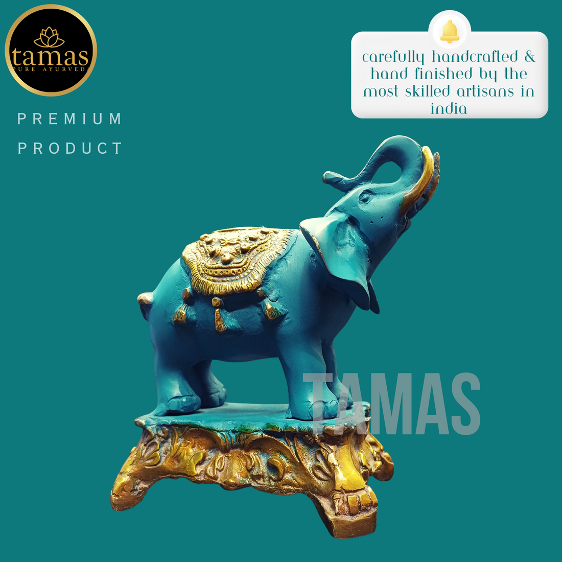 Tamas Brass Handcrafted Ethnic Elephant Showpiece Trunk Up Statue / Idol with Antique Finish   (6.5 x 3.5 x 6.5 Inches, Golden & Blue) (Pack of 1)