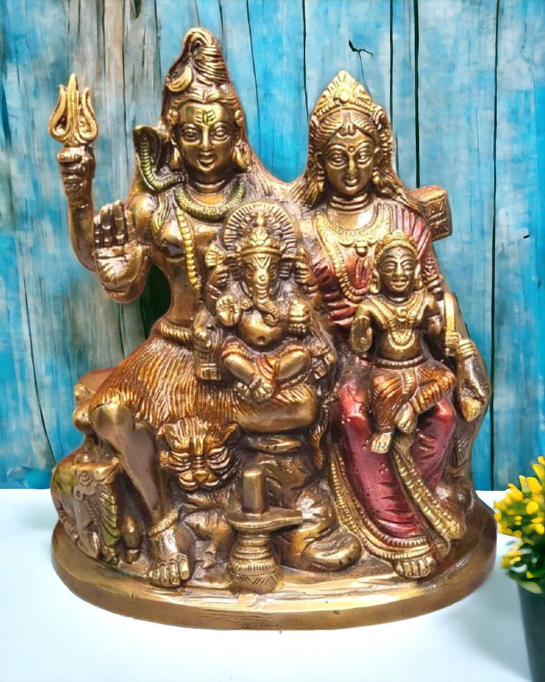 Tamas Brass Handcrafted Shiv Parivar Family Murti Statue/ Idol with Antique Finish (8.5 x 4.5 x 10 Inches, Golden) (Pack of 1)