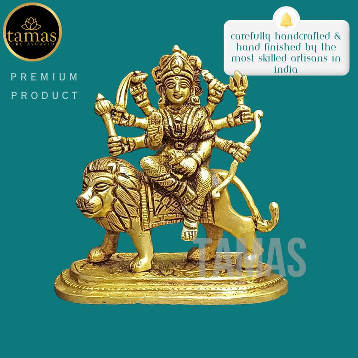 Tamas Brass Durga Mata with Lion Statue/Idol (Golden) (4.5 Inches)