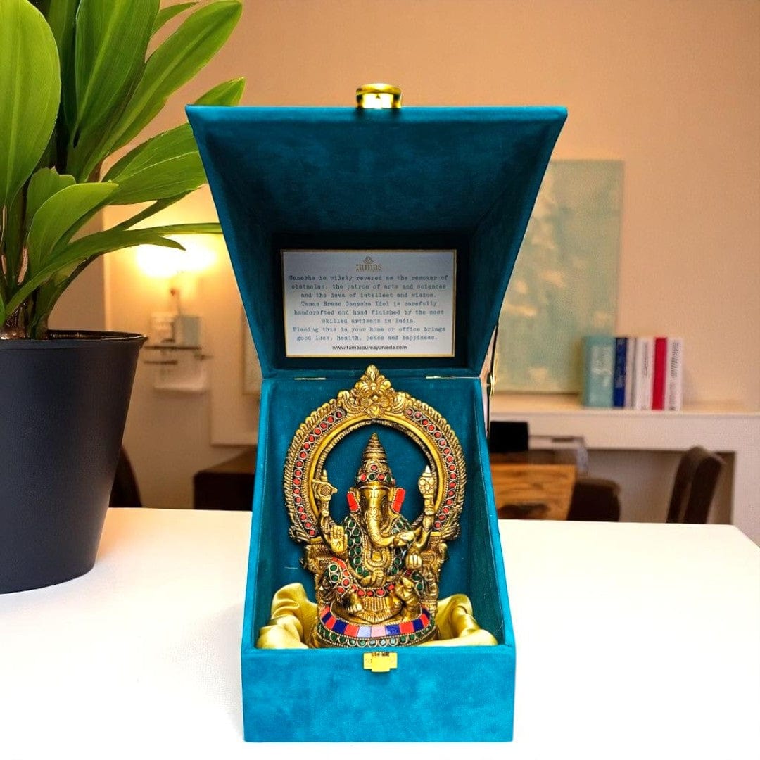 Tamas Brass Ganesh Bhagwan Sitting Posturel and Decorated with Multicolored Stone (Multicolor) Height 9.6 inches | Free Luxury Gift Box