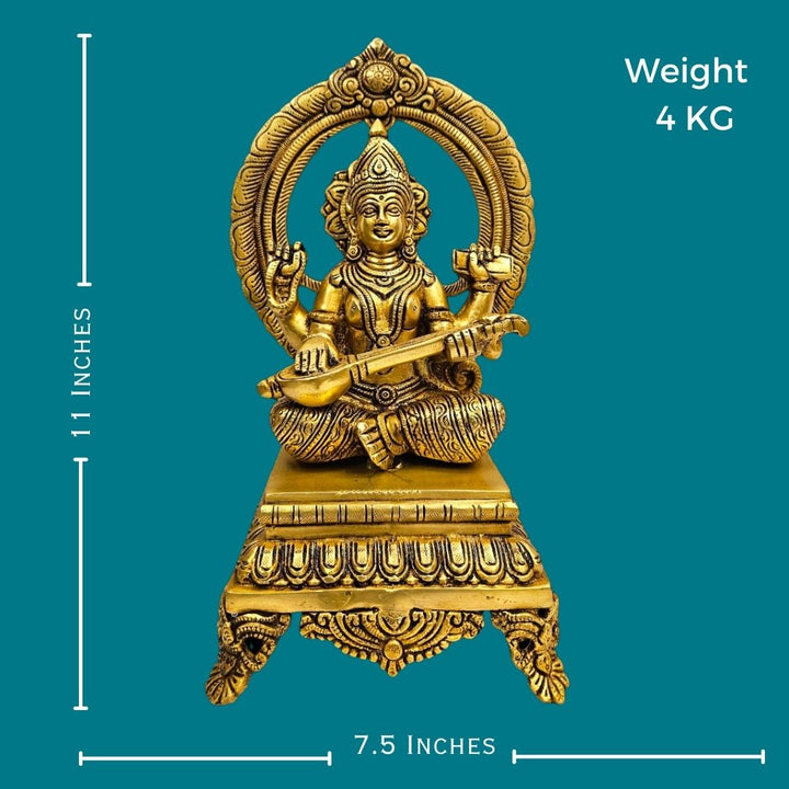 Brass Divinity of Knowledge - Saraswati Statue/Idol (11 Inch) (Golden)