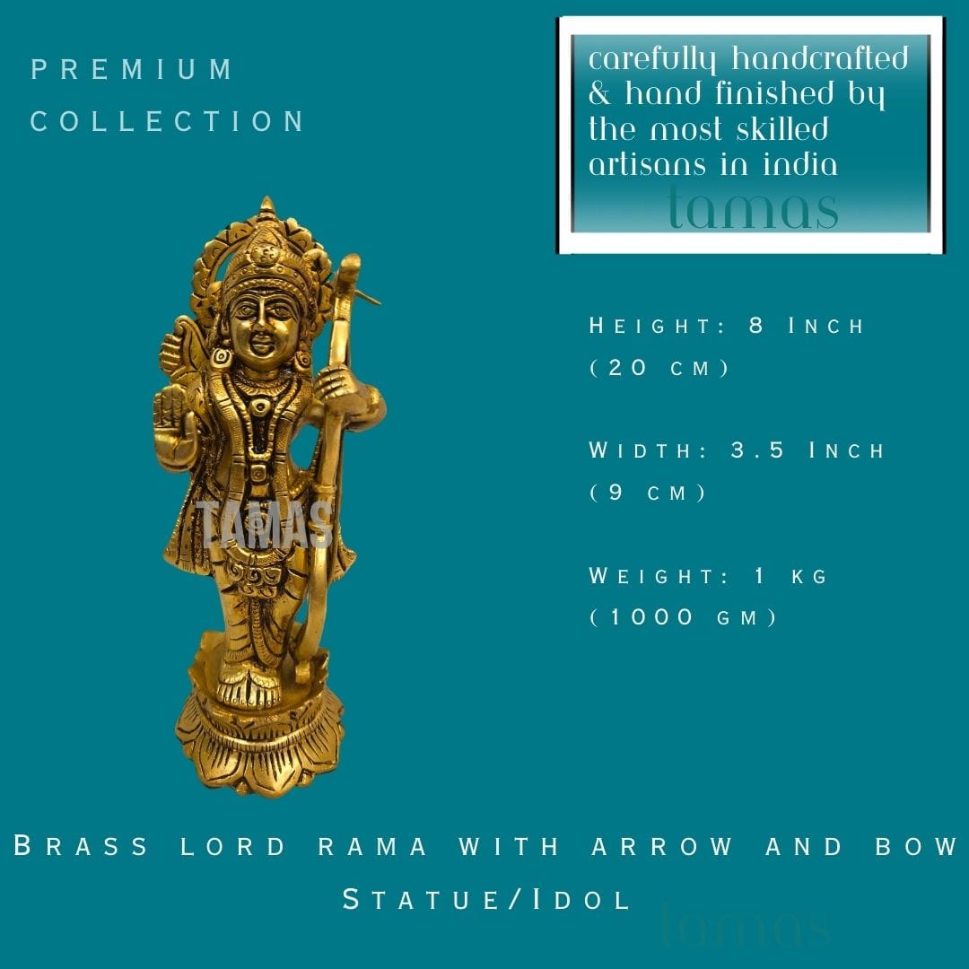 Brass lord rama with arrow and bow Statue/Idol (8 Inch) (Golden)|Free Premium Gift Box - Tamas: Luxury Indian Gifts