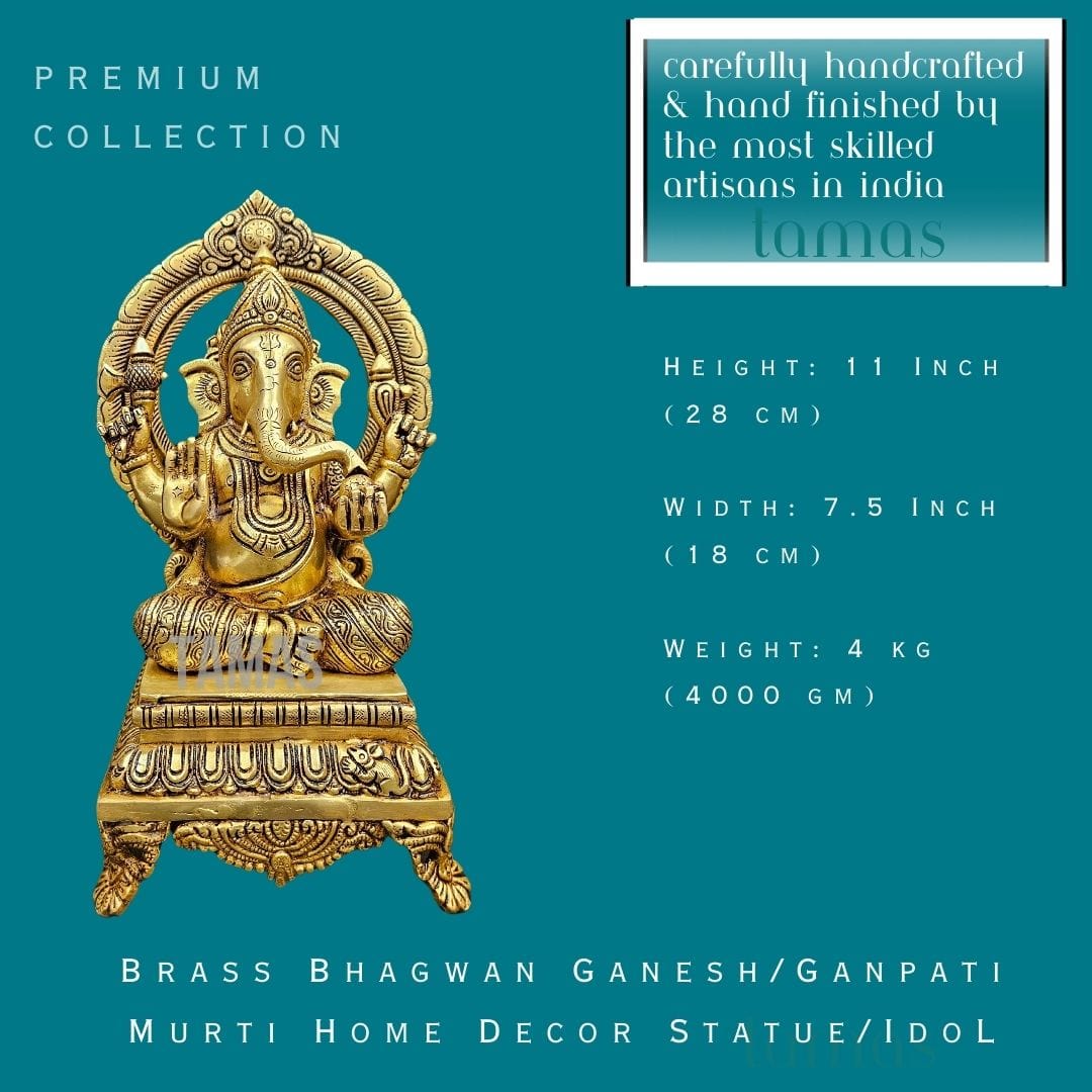 Brass Bhagwan Ganesh/Ganpati Murti Home Decor Statue/Idol (11 Inch) (Golden) - Tamas: Luxury Indian Gifts