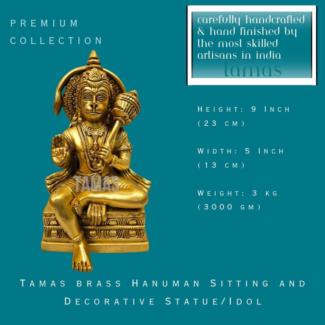 Tamas Brass Hanuman Sitting and Decorative Statue/Idol (9 Inch) (Golden) - Tamas: Luxury Indian Gifts
