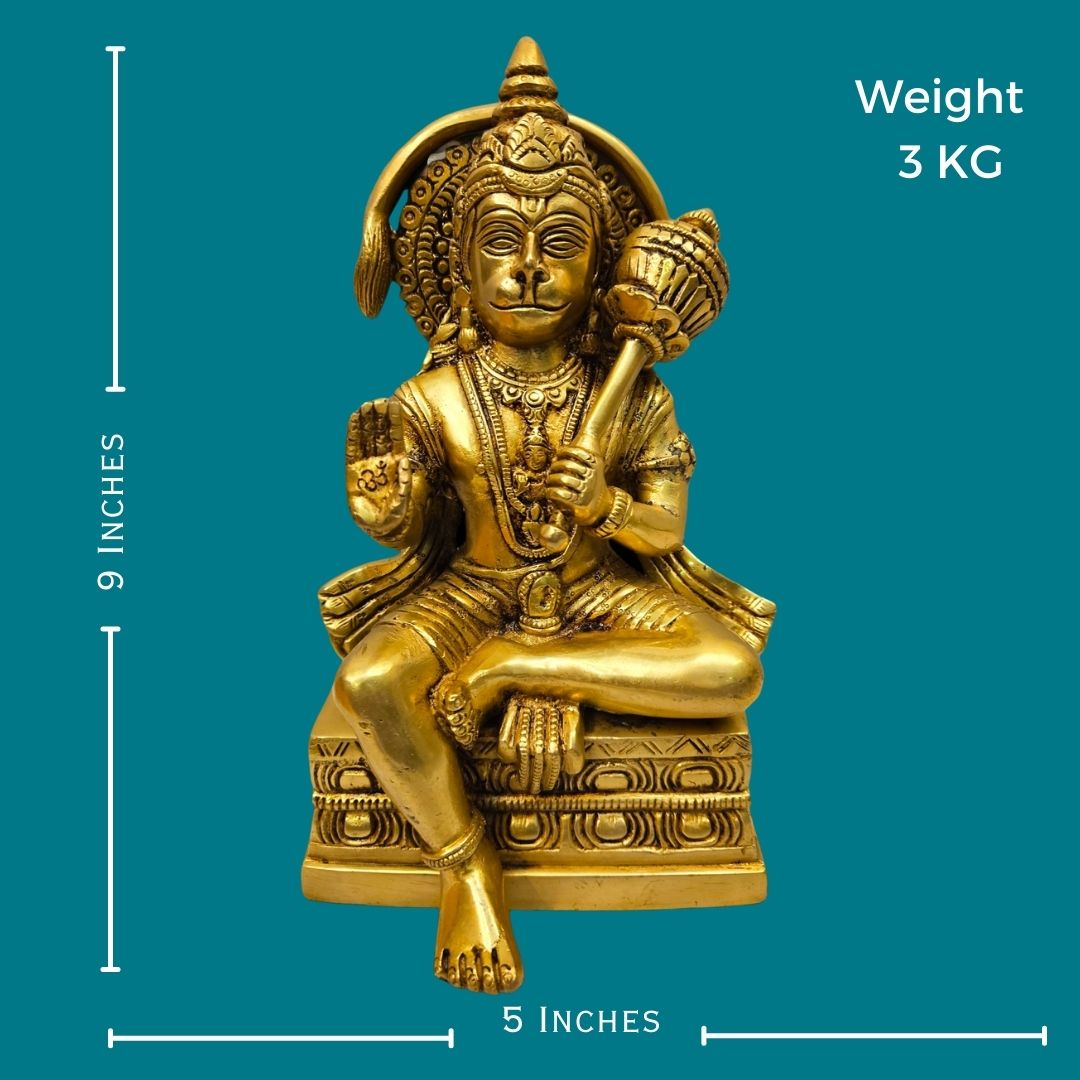 Tamas Brass Hanuman Sitting and Decorative Statue/Idol (9 Inch) (Golden)