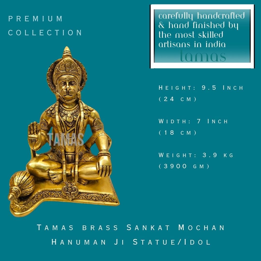 Tamas Brass Sankat Mochan Hanuman Ji Statue/Idol (9.5 Inch)(Golden) - Tamas: Luxury Indian Gifts