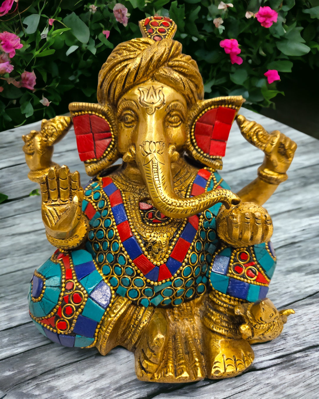 Tamas brass Ganesha adorned with turquoise stones and wearing a turban idol/statue (6 Inch) (Golden)