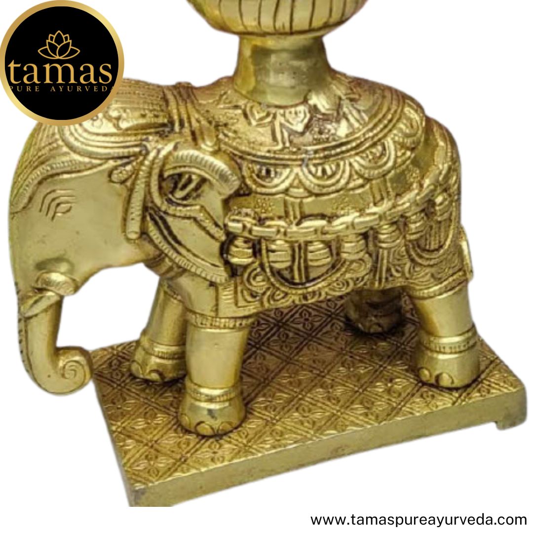 Tamas Brass Handcrafted Golden Decorative Elephant Brass Diya Stand  with Antique Finish (3 x 5 x12 Inches, Golden) (Pack of 1)