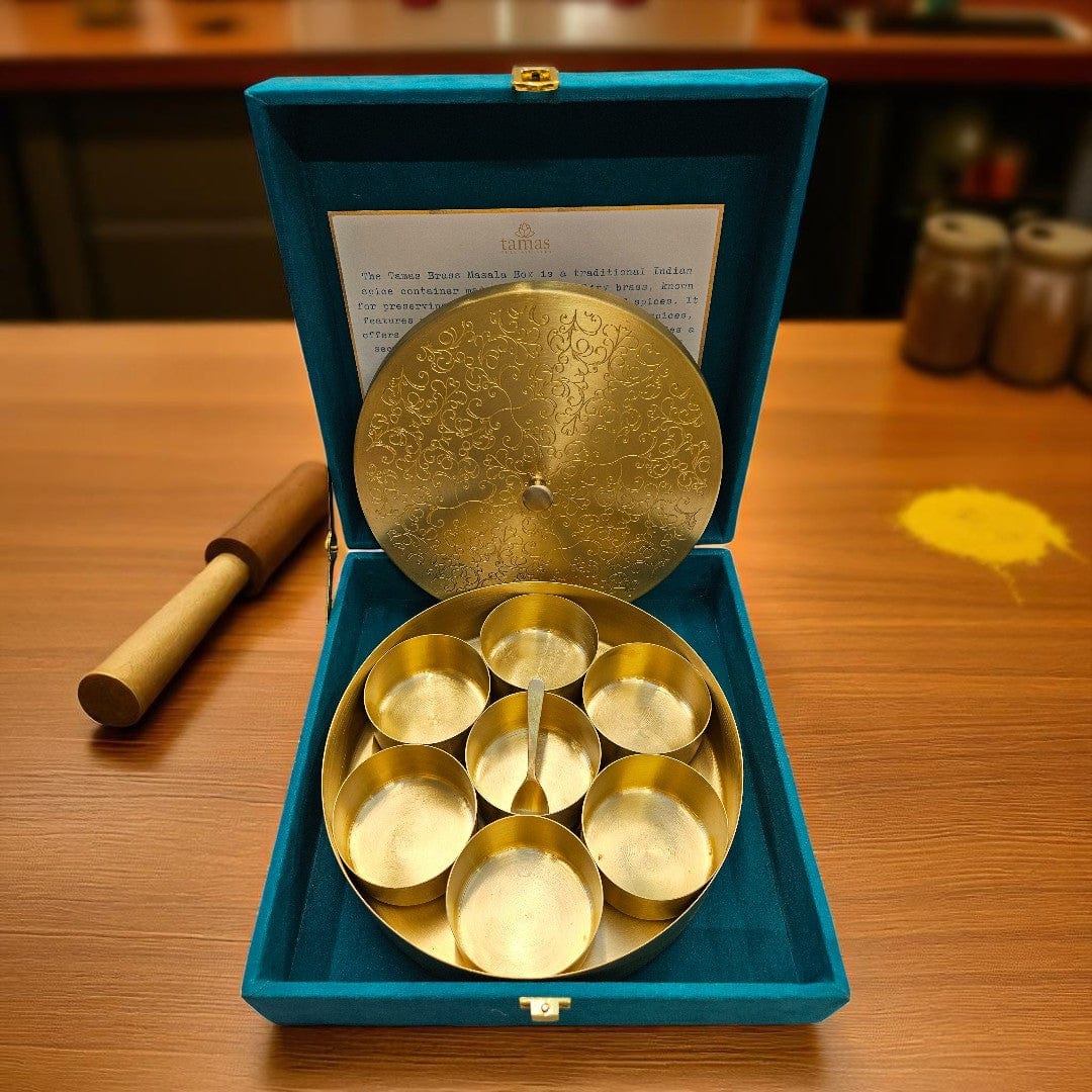 Tamas Pure Brass Masala Box (8 Inch) | Traditional Spice Storage Box with 7 Katoris & 1 Spoon | Indian Masala Dabba for Kitchen