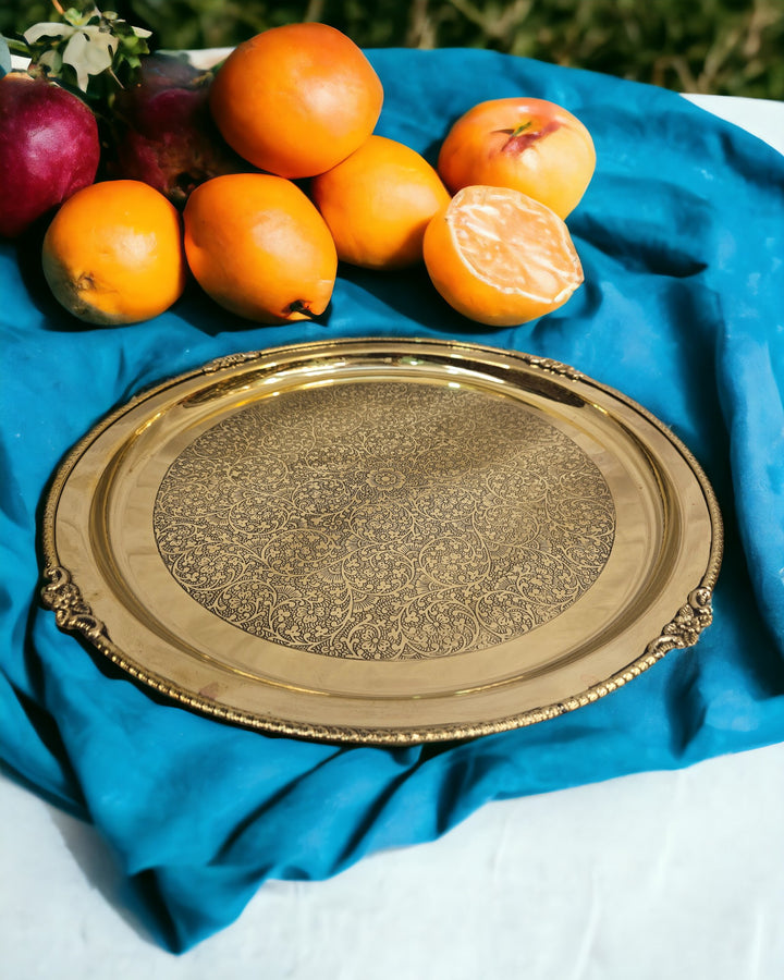 Brass Handmade Round Traditional Vintage Floral Serving Tray (0.8 Inch) (Golden)