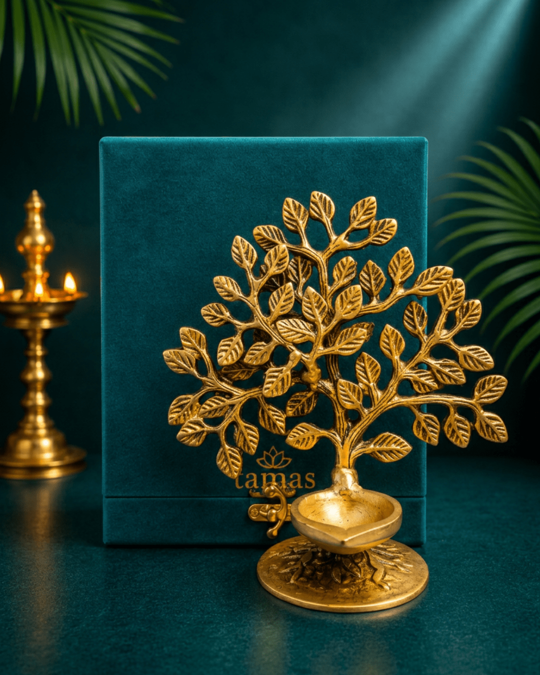Brass Coloured Kalpavriksha Tree with Diya / Tree of Life with Diya (6.5 inches H) with Gift Box – Wish-Fulfilling Brass Tree for Home, Office & Gifting - Tamas Luxury Gifts