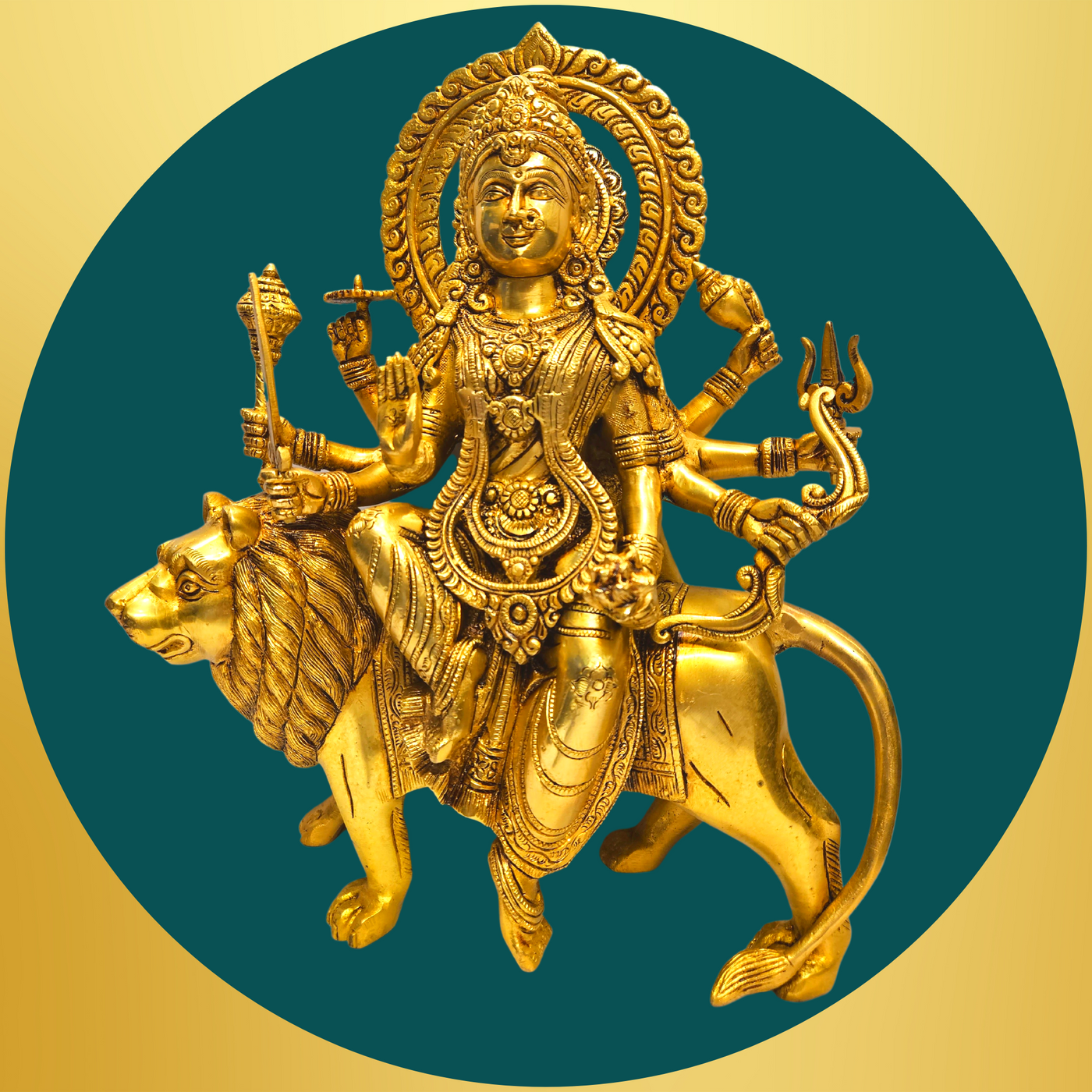 Brass Goddess Durga Maa with Lion Statue/Idol (Golden) (15 Inches)