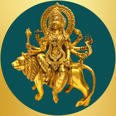Brass Goddess Durga Maa with Lion Statue/Idol (Golden) (15 Inches)